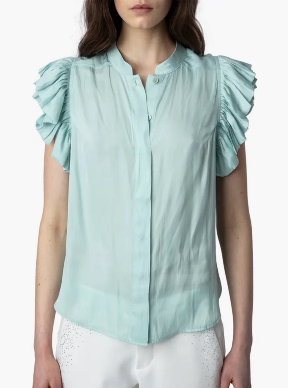 Zadig & Voltaire Tiza Ruffle Satin Button-Up Blouse in Celadon, S – NWT